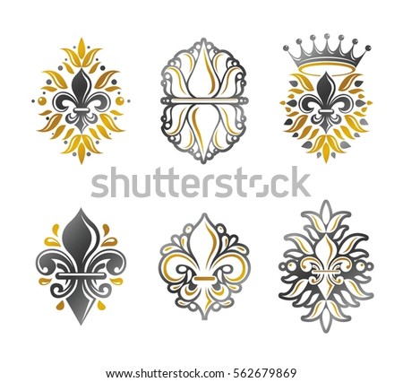 Lily Flowers Royal symbols, floral and crowns,  emblems set. Heraldic Coat of Arms decorative logos isolated vector illustrations collection.