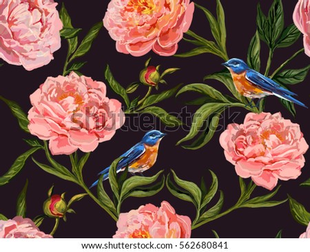 Beautiful seamless vector floral summer pattern background with hand drawn peony flowers and birds. Perfect for wallpapers, web page backgrounds, surface textures, textile.