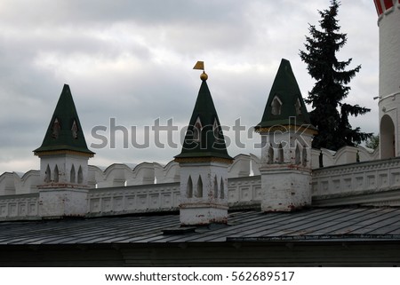Architecture of Novodevichy convent in Moscow. Popular touristic lanmdark. UNESCO World Heritage Site. Color photo.