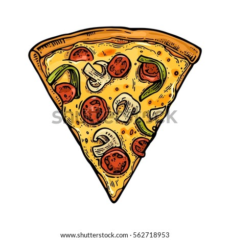 Slice pizza mexican. Vintage vector color engraving illustration for poster, menu, box. Isolated on white background