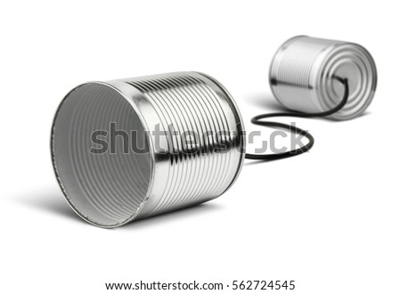 Tin cans telephone on white, global communication concept Royalty-Free Stock Photo #562724545