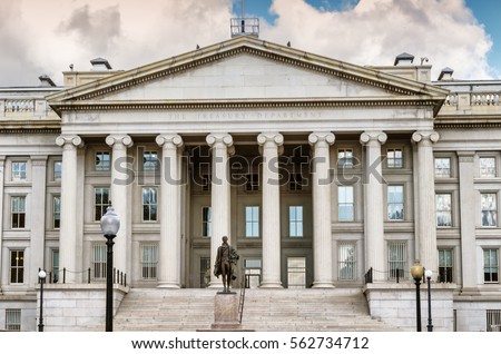 Front view of the Treasury Department building in Washington DC, capital of the United States of America. Royalty-Free Stock Photo #562734712