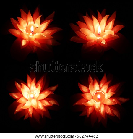 Set of illuminated flower candle isolated on dark background.