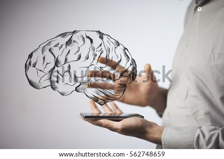 hand holding smartphone with  brain in scree