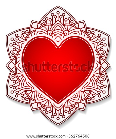 Circle lace ornament, round ornamental geometric doily pattern with heart shaped empty space for text. Vector illustration greeting, wedding invitation, Valentine's card. Dark red background,