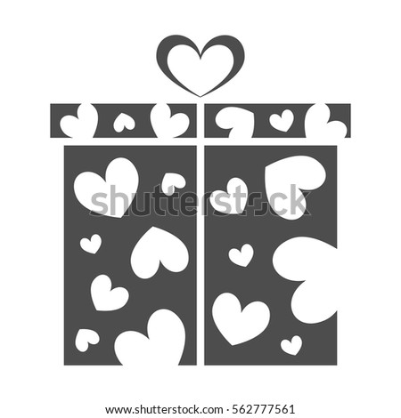 Gift box icon. Present for Valentines day with hearts pattern. Solid dark gray or light black color. Isolated Vector Illustration