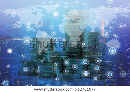 Double exposure global map on capital city and business trading background with network connection. Elements of this image furnished by NASA