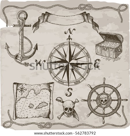 Pirates hand drawn vector set. Hand drawn isolated pirate attributes: compass, map, skull, anchor, chest, wheel, ropes, text box.