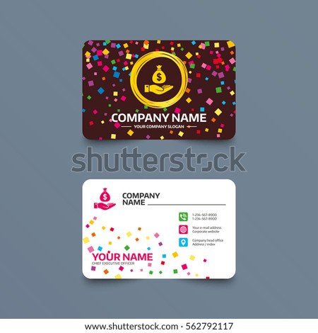 Business card template with confetti pieces. Dollar and hand sign icon. Palm holds money bag symbol. Phone, web and location icons. Visiting card  Vector