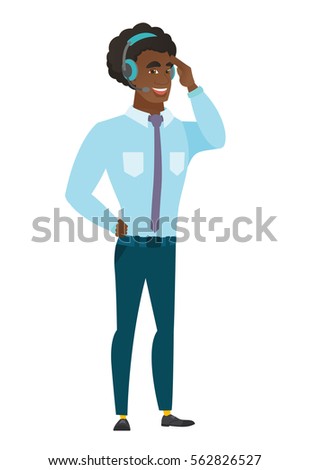 Caucasian customer service operator in headset with microphone. Full length of young customer service operator in headset with microphone. Vector flat design illustration isolated on white background