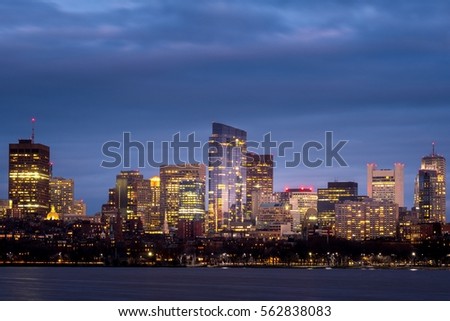 Boston back bay at night with blue skyline