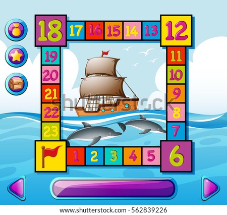 Boardgame template with ship and dolphin at sea illustration