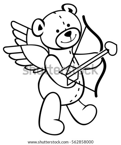 Cute teddy bear with wings, bow and arrow looks like a cupid. Outline contour image.  Vector clip art.