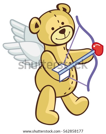 Cute teddy bear with wings, bow and arrow looks like a cupid. Vector clip art.