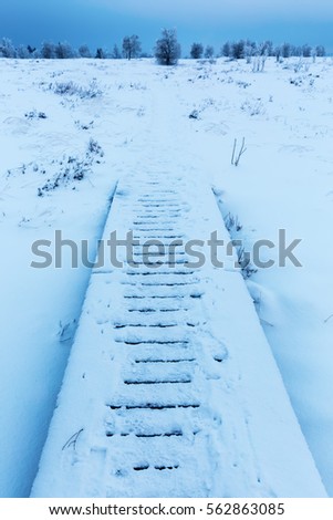 picture of a planked footpath in the snowy High Vens, Belgium