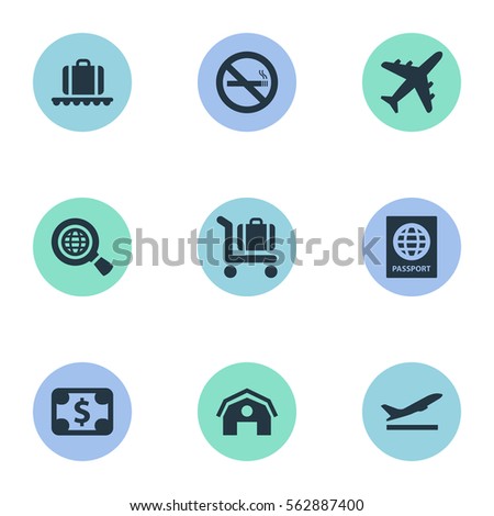Set Of 9 Simple Plane Icons. Can Be Found Such Elements As Takeoff, Currency, Luggage Carousel And Other.