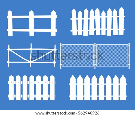 Rural wooden fences, pickets vector. White silhouettes fence for garden illustration Royalty-Free Stock Photo #562940926