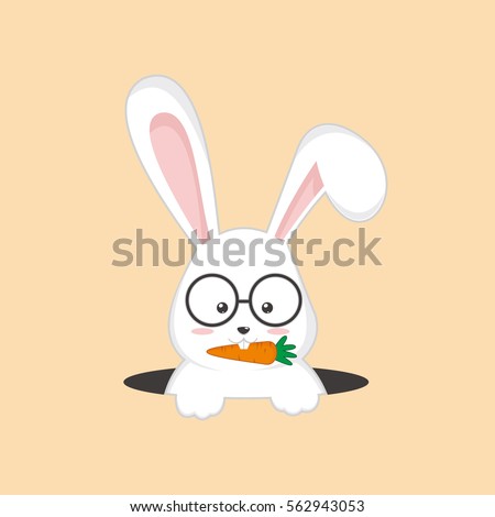 illustration cute rabbit with glasses eat carrot in hole