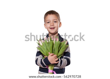 cute boy four years, with bouquet of tulips on a white background             
