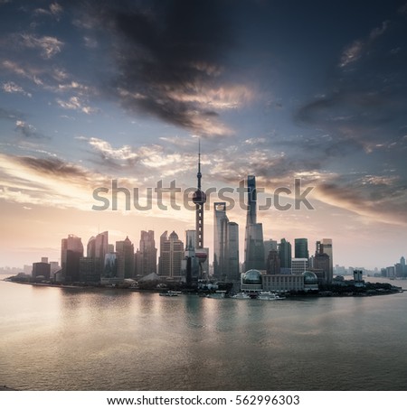 shanghai skyline view and beautiful sunrise sky background