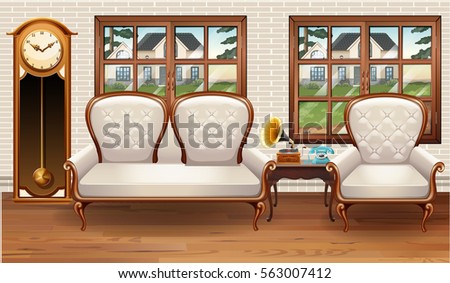 Room with white sofa and vintage clock illustration