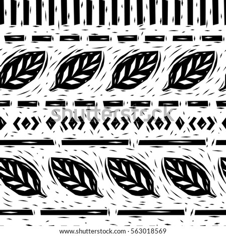 Black and white linocut leaves. Geometric borders seamless pattern, vector