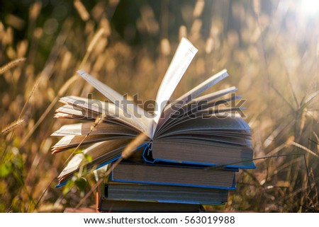 Open book on wooden table on natural background. Toned image. Soft focus