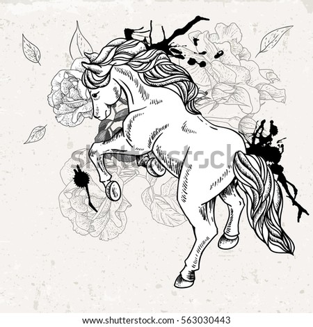 Hand drawn black and white sketch of horse with flowers. Vector vintage design elements, outline drawing illustration