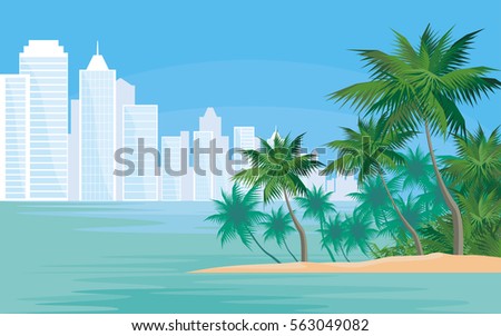 Abstract image of the southern seaside city. A city landscape with high-rise buildings, tropical plants and a view of the sea. Vector background.
