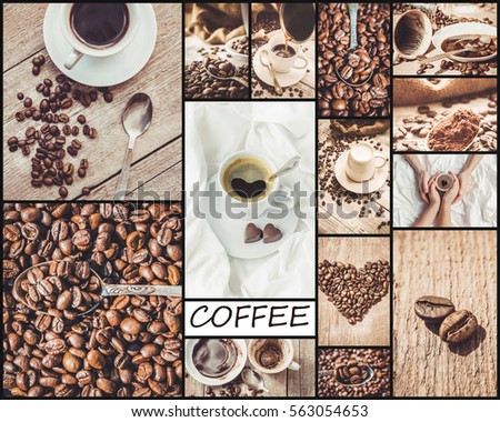 collage many pictures of coffee. 