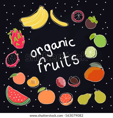 Set of hand drawn fresh tropical colored fruits on black background. Banana, mango, watermelon , grapefruit,pear, peach,lime,dragon fruit, mangosteen