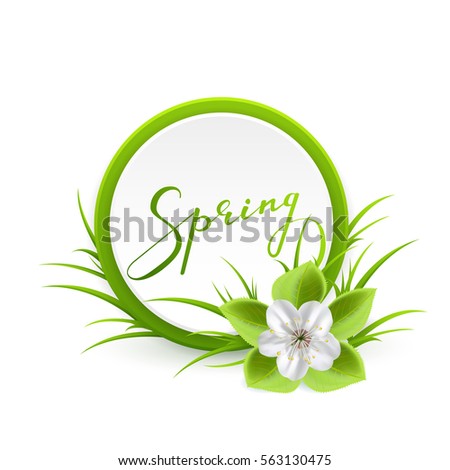 Banner with flower and grass isolated on white background, green lettering Spring on round card, illustration.