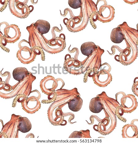 Watercolor octopus seamless pattern, hand painted illustration isolated on white background