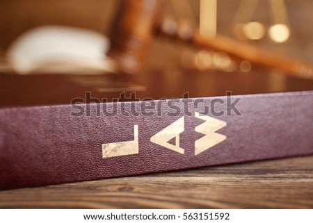 Law book on wooden table, closeup