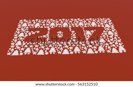 Happy New Year 2017. Text 2017 on the new year red and white background. The holiday pattern of stars and christmas tree. 3d figures of white stars and christmas tree which make the text.
