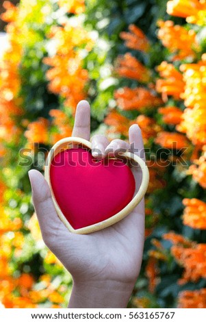 Heart in the hands and flowers background. 