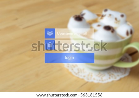 Login interface on touch screen. Touching login box, username and password inputs on virtual digital display on blurred coffee cup background.