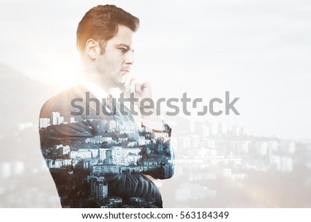 businessman thinking on a city background. Mock up. Double exposure