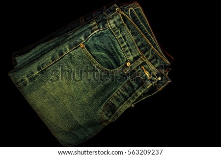 collection of different jeans, Cotton on isolate black background.