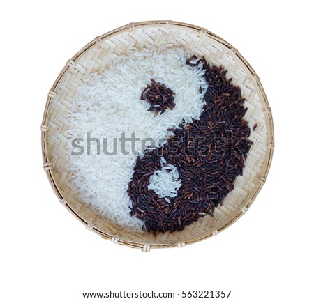 Yin Yang sign with black rice and jasmine white rice  isolate on white background with clipping path. Concept healthy eating,organic food
