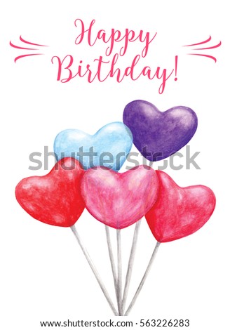Realistic hand drawing Happy birthday card with balloons. Watercolor colorful invitation backround