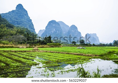 The peaceful karst mountains and  rural scenery 