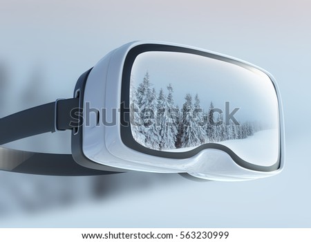Virtual reality headset, double exposure. Mysterious landscape majestic mountains in the winter. Magical snow covered tree.