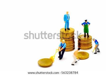 Business cartoon characters standing on coins stacks ,business concept  and Isolated on white background  .  ,Miniature businessman standing on coins stacks , Investment concept.