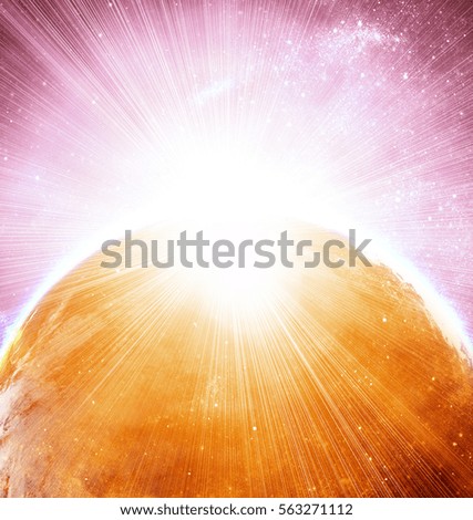 Earth planet in space with sun flash. Elements of this image are furnished by NASA