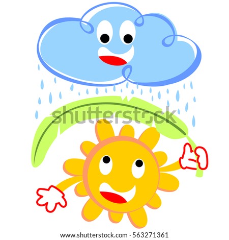 Smiling sun take shelter from rain using banana leaf, rainy season with funny cloud, vector cartoon illustration