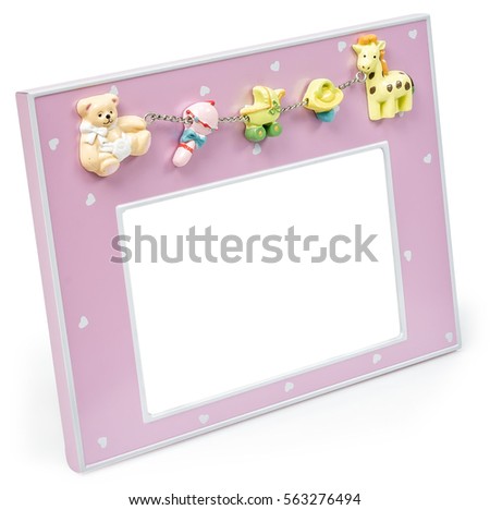 Baby pink photo frame with toys a pink color on a white background isolated