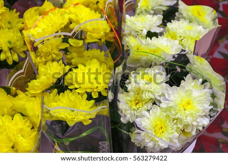 Bouquets of chrysanthemums in a flower shop