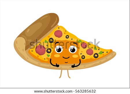 Cute pizza slice. Kawai fast food. Cartoon pizza slice emoticon isolated on white background
