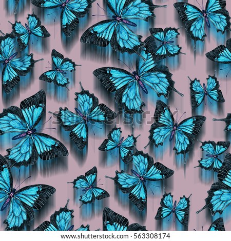 hand painted detailed watercolor butterfly seamless pattern. botanical illustration background. wallpaper with glitch and blurred effect